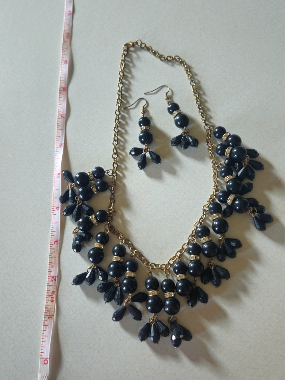 Gold-Tone Black Beaded Statement Necklace & Earrings Set